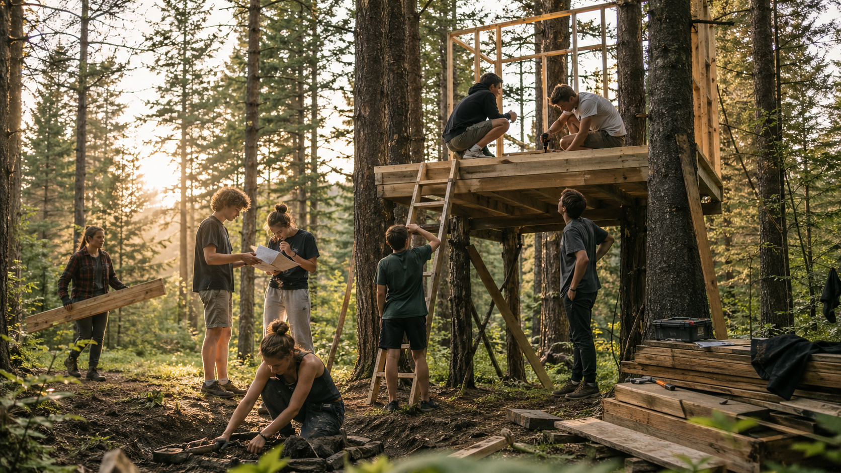Młodzież Ferajny buduje domek na drzewie w lesie Pana Karola jako wspólne miejsce spotkań i działania