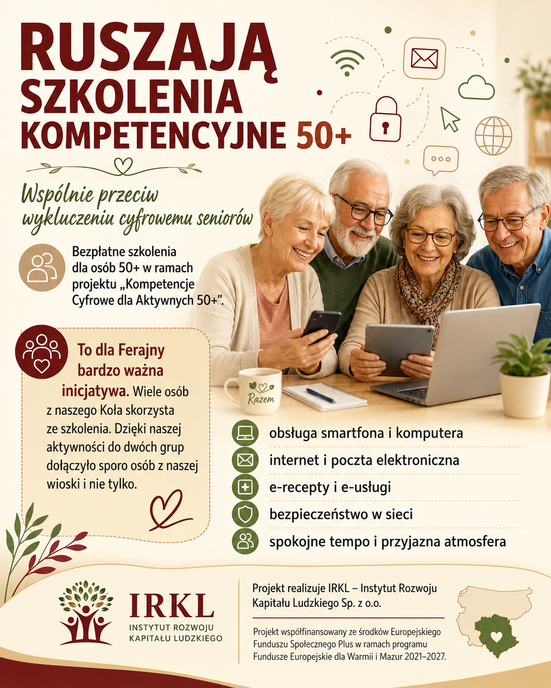 Kurs komputerowy i smartfonowy dla osób 50+ w świetlicy wiejskiej w Warkałach