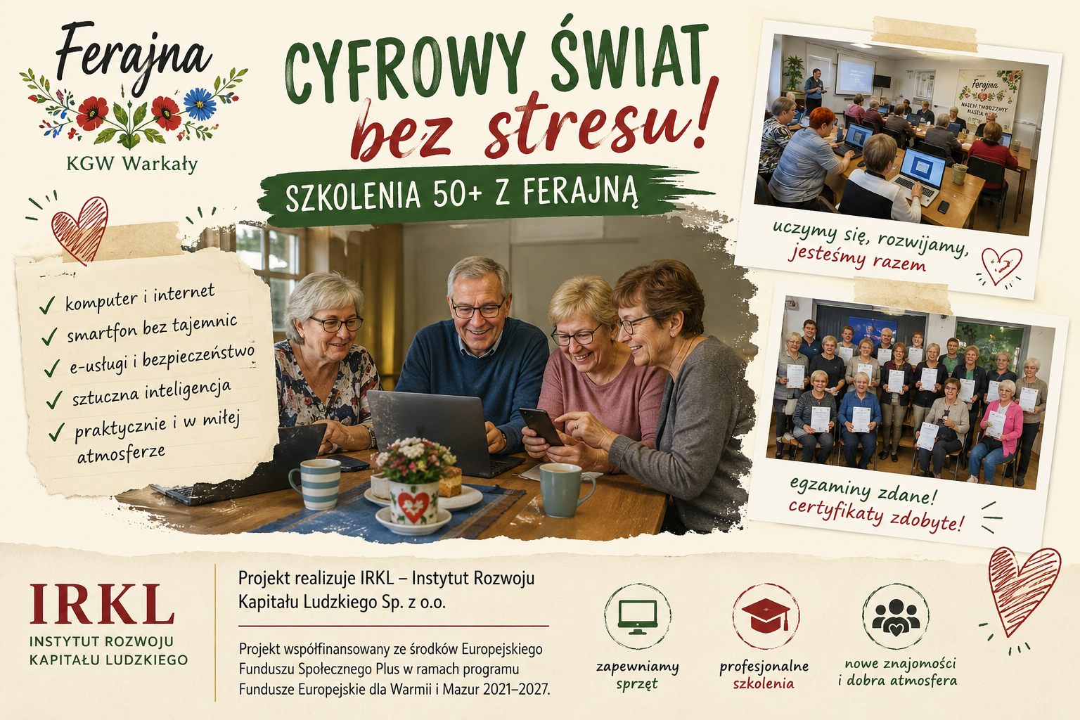 Grafika o zakończonych szkoleniach cyfrowych 50+ z Ferajną