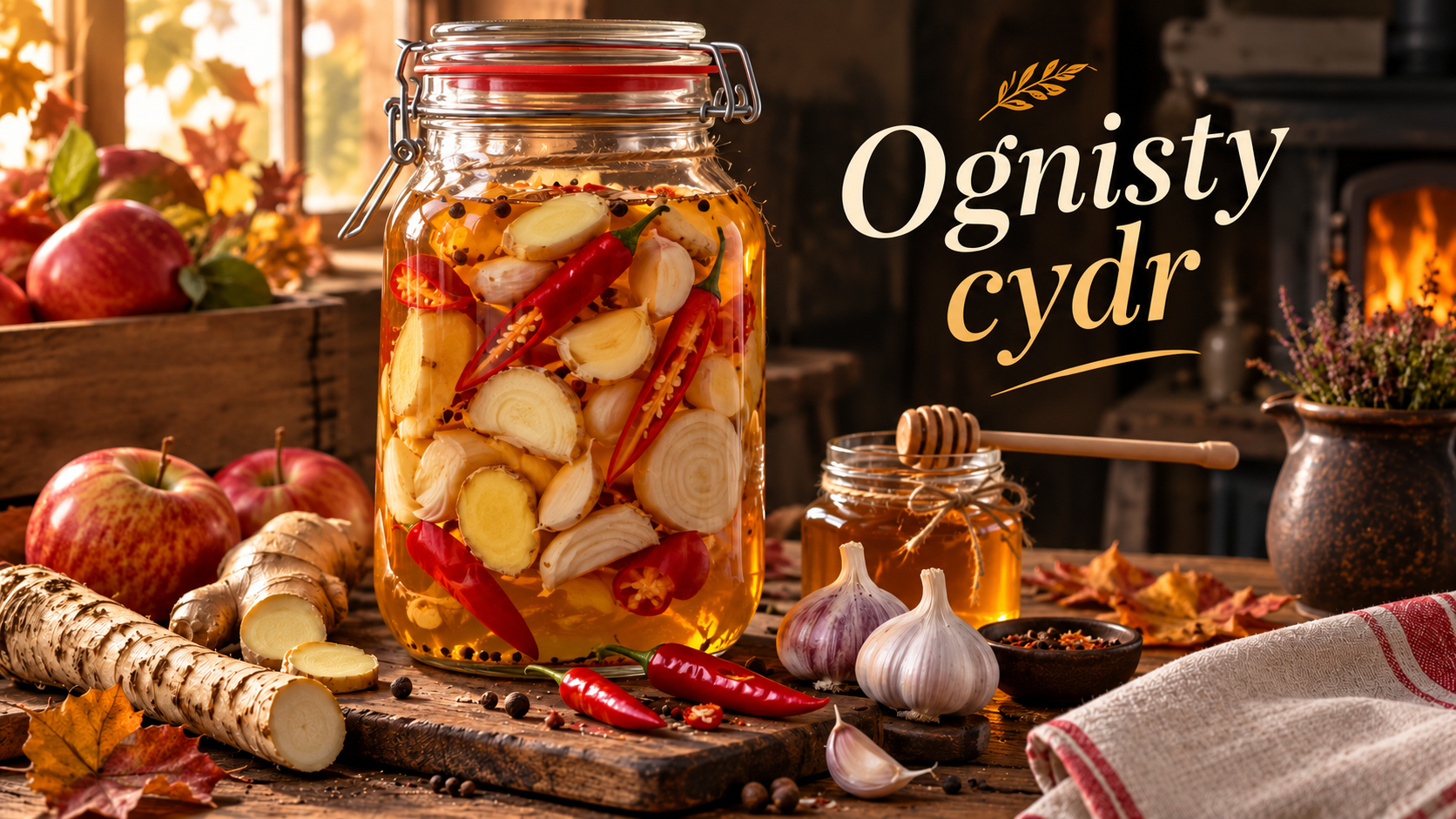 Ognisty cydr – część 1 Ognisty cydr Ferajny - słój z octem jabłkowym, imbirem, chrzanem, czosnkiem i chili